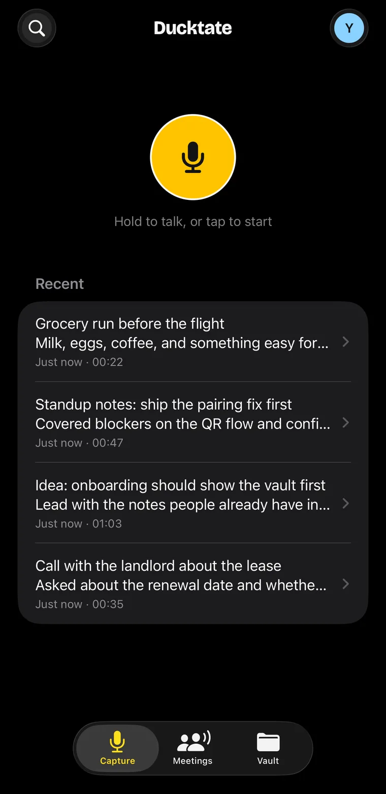 Ducktate on iPhone: hold to talk, with recent captures syncing